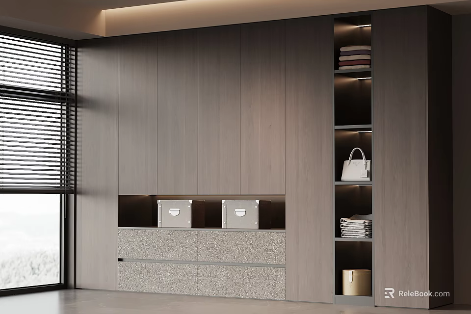 Modern Wooden Wardrobe Design Featuring Closed Cabinets Open Shelves And Storage Drawers 3d model 