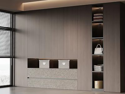 Modern Wooden Wardrobe Design Featuring Closed Cabinets Open Shelves And Storage Drawers 3d model