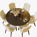 Round Dining Table Set with Beige Tufted Chairs and Dinnerware Dried Flower Arrangement 3d model