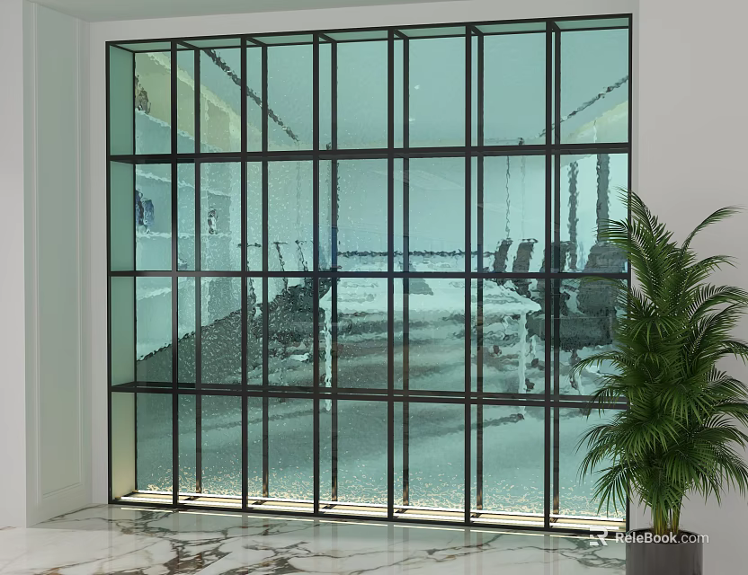 Modern Glass Screen With Black Frame In Office Space With Marble Floor And Green Plant 3d model 