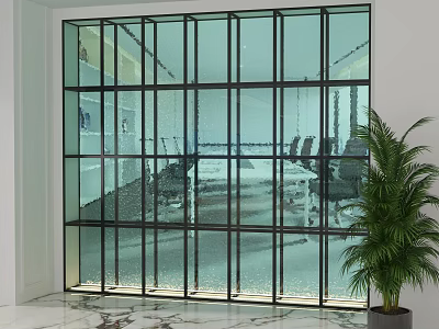 Modern Glass Screen With Black Frame In Office Space With Marble Floor And Green Plant 3d model