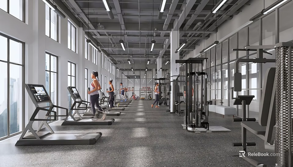 Spacious Bright Gym Interior With Large Windows And People Exercising On Treadmills And Fitness Equipment 3d model 
