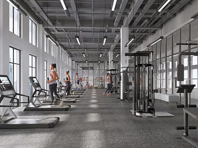 Spacious Bright Gym Interior With Large Windows And People Exercising On Treadmills And Fitness Equipment 3d model