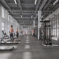 Spacious Bright Gym Interior With Large Windows And People Exercising On Treadmills And Fitness Equipment