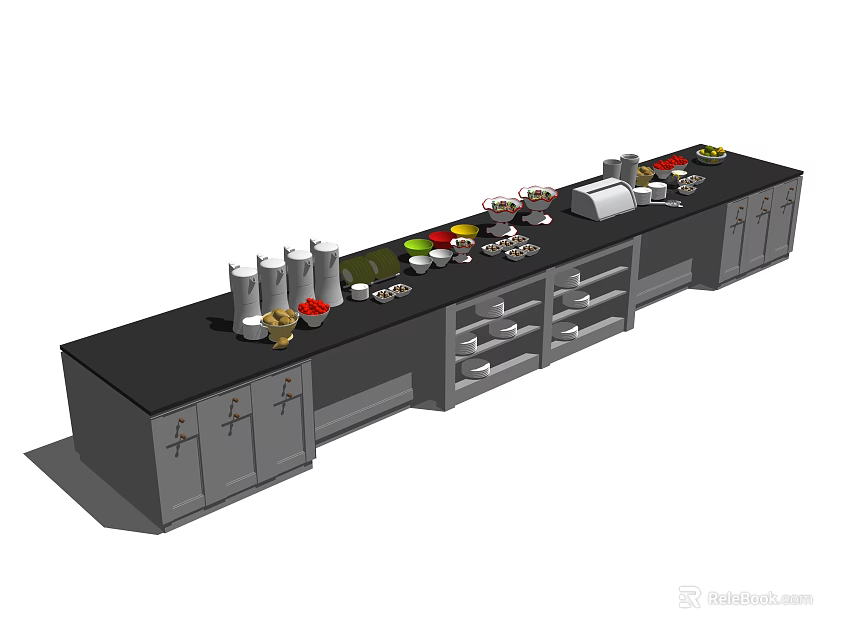 Buffet Counter Setup With Food Items Condiments Dishes Cabinets And Drawers 3d model 
