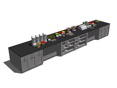 Buffet Counter Setup With Food Items Condiments Dishes Cabinets And Drawers 3d model