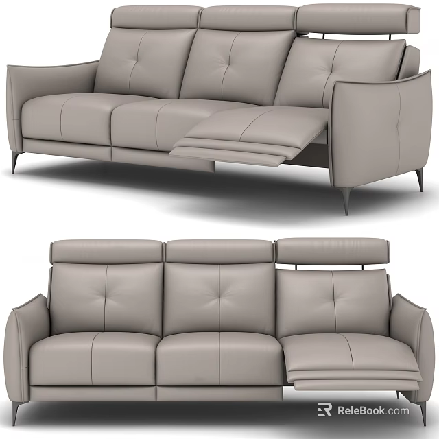Modern Light Gray Leather Three-Seater Sofa With Reclining Seats And Metal Legs 3d model 