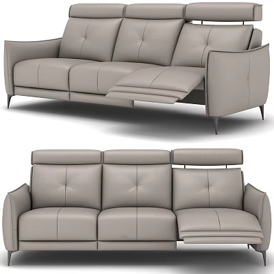 Modern Light Gray Leather Three-Seater Sofa With Reclining Seats And Metal Legs 3d model