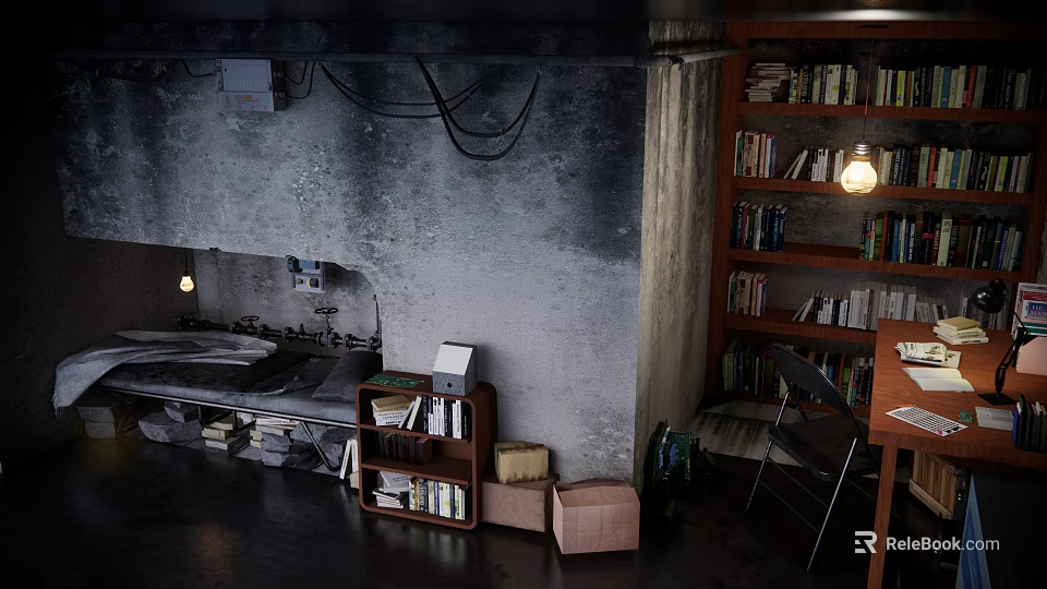 Cartoon Scene of Cozy Rustic Room with Vintage Stove Bookshelf and Hanging Lamp 3d model 