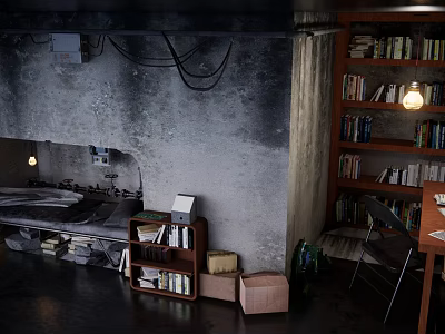 Cartoon Scene of Cozy Rustic Room with Vintage Stove Bookshelf and Hanging Lamp 3d model