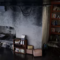 Cartoon Scene of Cozy Rustic Room with Vintage Stove Bookshelf and Hanging Lamp
