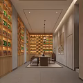 Tobacco and Liquor Store Interior With Wooden Shelves Wine Curved Bar Pendant Lights Large Windows