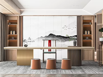 New Chinese Style Tea Room Study Desk and Chair Tea Table and Chair Desk Bookcase Desk Leisure Chair Decorative Cabinet 3d model