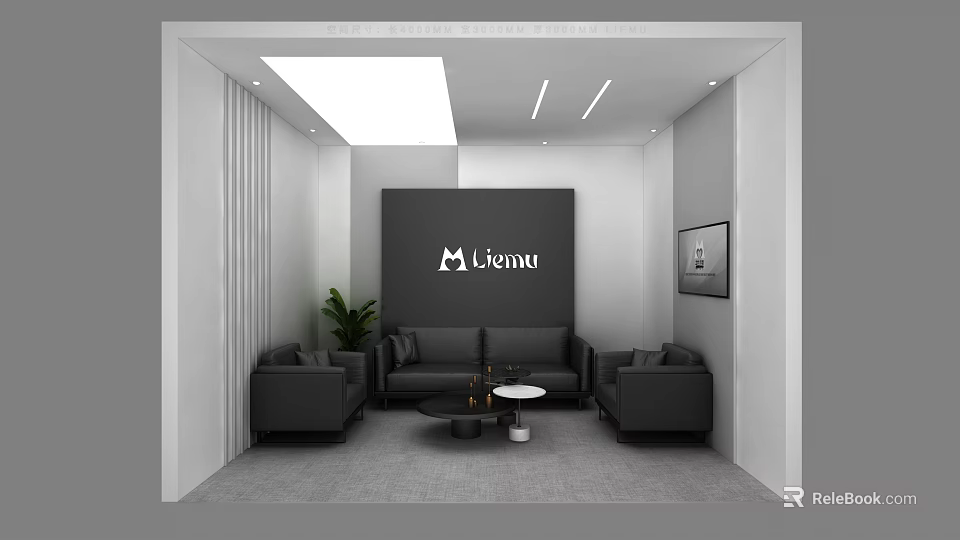 Modern Minimalist Lounge Area With Black Sofas Coffee Tables And Wall Sign 3d model 