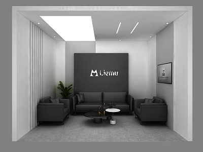 Modern Minimalist Lounge Area With Black Sofas Coffee Tables And Wall Sign 3d model