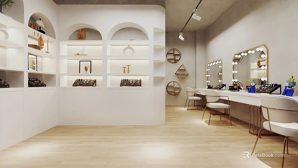 Modern Beauty Hair Salon Interior With Mirrors Makeup Tables And Display Shelves 3d model 