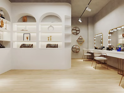 Modern Beauty Hair Salon Interior With Mirrors Makeup Tables And Display Shelves 3d model