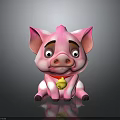 Cartoon Pink Pig Toy With Red Collar And Gold Bell Sitting On Black Surface