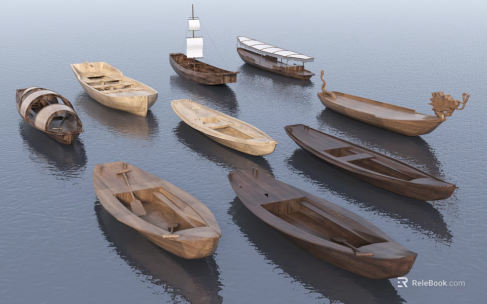 Various Types Of Traditional Wooden Boats Floating On Calm Water With Reflections 3d model 