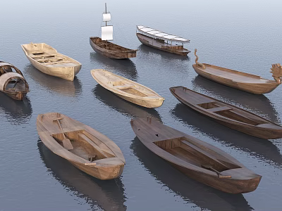 Various Types Of Traditional Wooden Boats Floating On Calm Water With Reflections 3d model