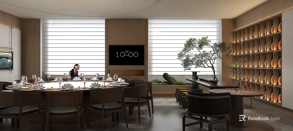 Modern Restaurant Interior With Round Table Tableware Chairs Digital Clock Window Blinds And Potted Tree 3d model