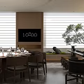 Modern Restaurant Interior With Round Table Tableware Chairs Digital Clock Window Blinds And Potted Tree 3d model