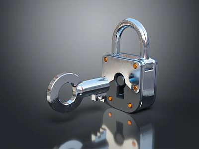 Silver Metallic Lock And Key With Shiny Reflection On Dark Background Surface 3d model