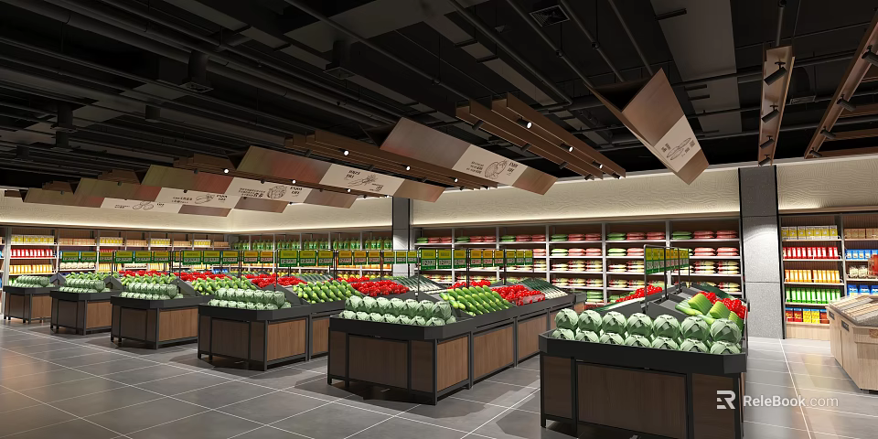 Supermarket Fruit Section With Fresh Fruits On Organized Shelves And Ceiling Lighting 3d model 