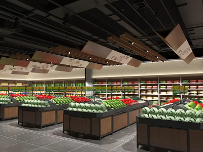 Supermarket Fruit Section With Fresh Fruits On Organized Shelves And Ceiling Lighting 3d model