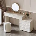 Modern Minimalist Dressing Table With Golden Round Mirror Pink Flowers Cosmetics And Drawers