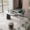 Modern Tea Table Set With Marble Top Green Chair And Tea Accessories