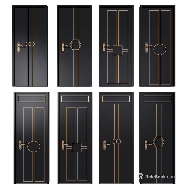 Stylish Black Swing Doors With Gold Line Patterns And Classic Handles 3d model
