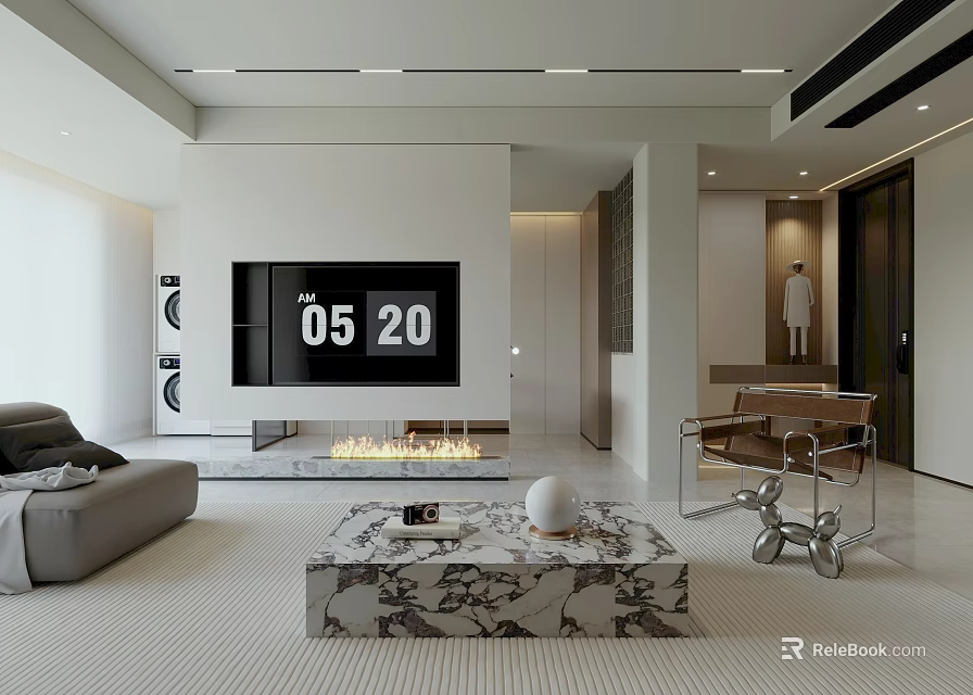 Modern Living Dining Room Interior Design With Sofa TV Fireplace And Marble Coffee Table 3d model 