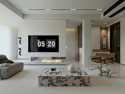 Modern Living Dining Room Interior Design With Sofa TV Fireplace And Marble Coffee Table 3d model