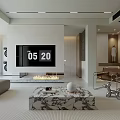 Modern Living Dining Room Interior Design With Sofa TV Fireplace And Marble Coffee Table