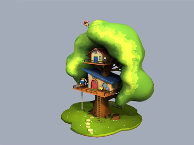 Cartoon Treehouse Scene With Big Green Tree Multi Level Porch Staircase And Small Grass Path 3d model