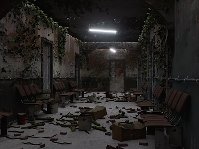 Abandoned Hospital Ward With Dilapidated Benches Bricks Debris On Floor And Vines Covering Walls 3d model