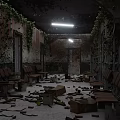 Abandoned Hospital Ward With Dilapidated Benches Bricks Debris On Floor And Vines Covering Walls