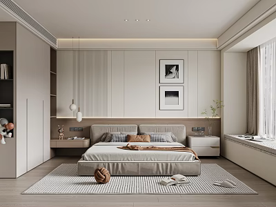 Modern Minimalist Bedroom Interior With Platform Bed Nightstands Rug And Wall Art 3d model