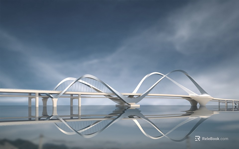 Modern White Curved Bridge With Reflection On Calm Water Surface Under Blue Sky And Clouds 3d model 