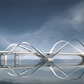 Modern White Curved Bridge With Reflection On Calm Water Surface Under Blue Sky And Clouds
