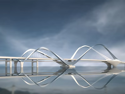 Modern White Curved Bridge With Reflection On Calm Water Surface Under Blue Sky And Clouds 3d model
