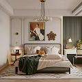 Elegant Bedroom Interior With Bed Green Blanket Pillows Decorative Painting Mirror And Chandelier