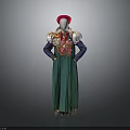 Traditional Folk Costume Featuring Green Pleated Dress Red Hat And Floral Embroidery