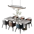 Modern Rectangular Dining Table Set with Chairs Pendant Light and Decorative Plant 3d model
