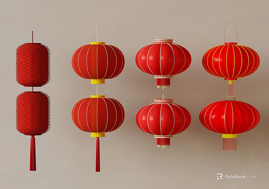 Traditional Red Chinese Lanterns In Various Festive Decorative Styles On Wall 3d model 