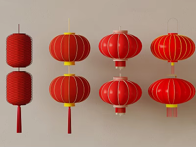 Traditional Red Chinese Lanterns In Various Festive Decorative Styles On Wall 3d model
