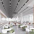 Spacious Cafeteria Interior With Long Dining Tables Ceiling Light Strips And Food Serving Counters 3d model