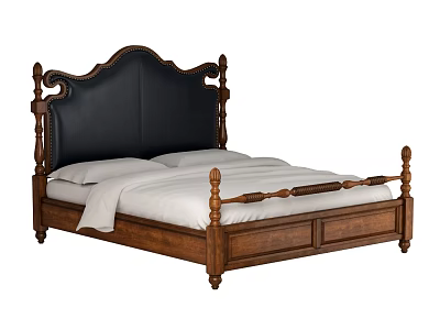 Classic Double Bed With Black Leather Headboard Wooden Frame Carved Details And White Sheets 3d model