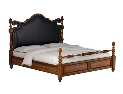 Classic Double Bed With Black Leather Headboard Wooden Frame Carved Details And White Sheets 3d model